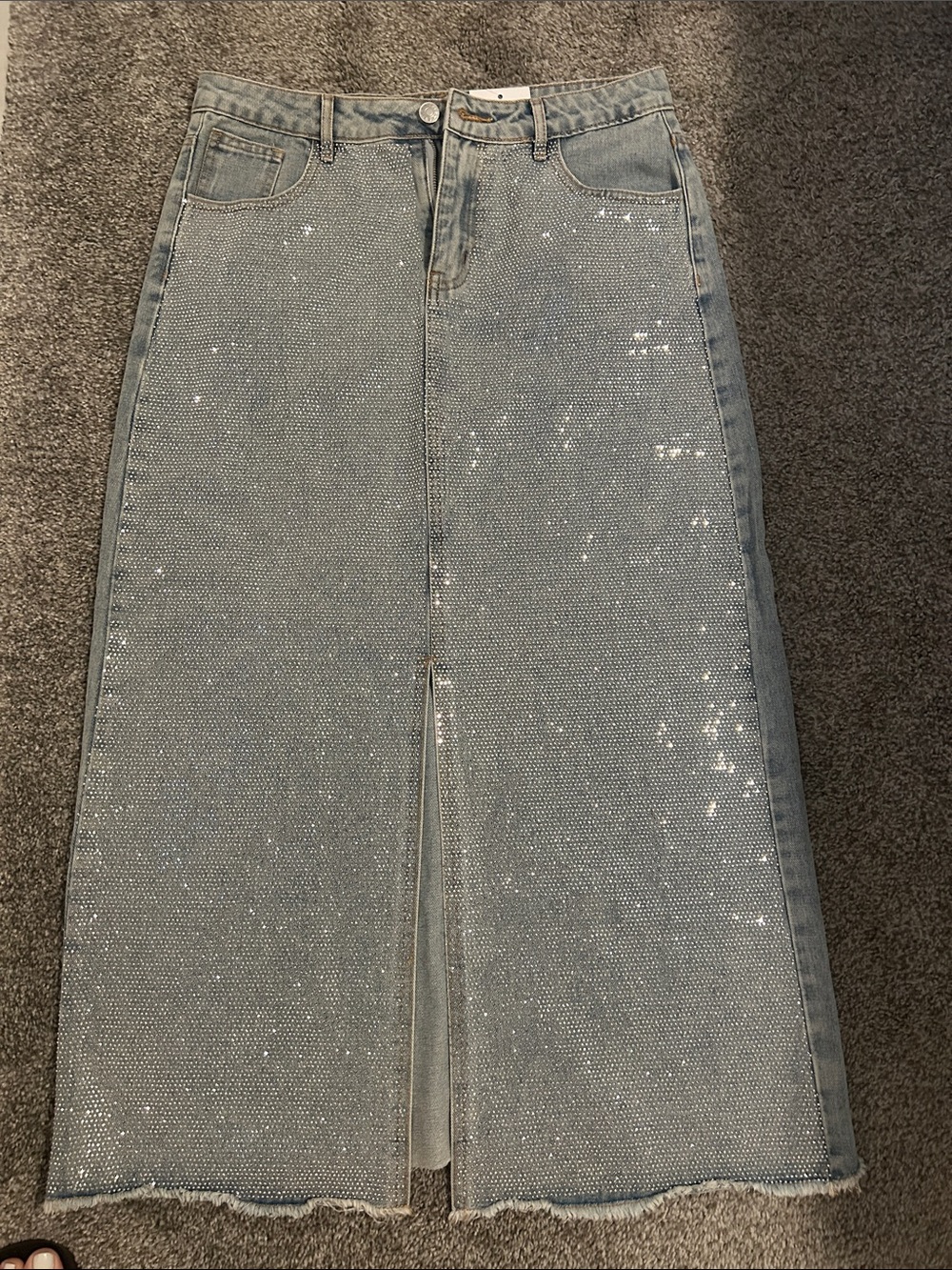 Women's Light Blue Sequin-Embellished Denim Midi Skirt